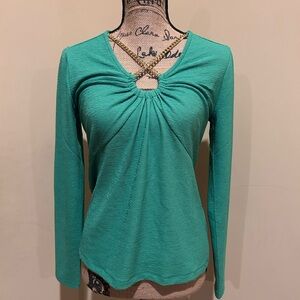 Michael Kors Green Long Sleeve Blouse with Ruched Neckline